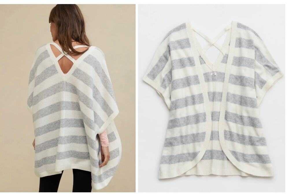 Aerie Open Back Cape Sweater Striped Strappy Cross Back Cardigan sz L/XL white